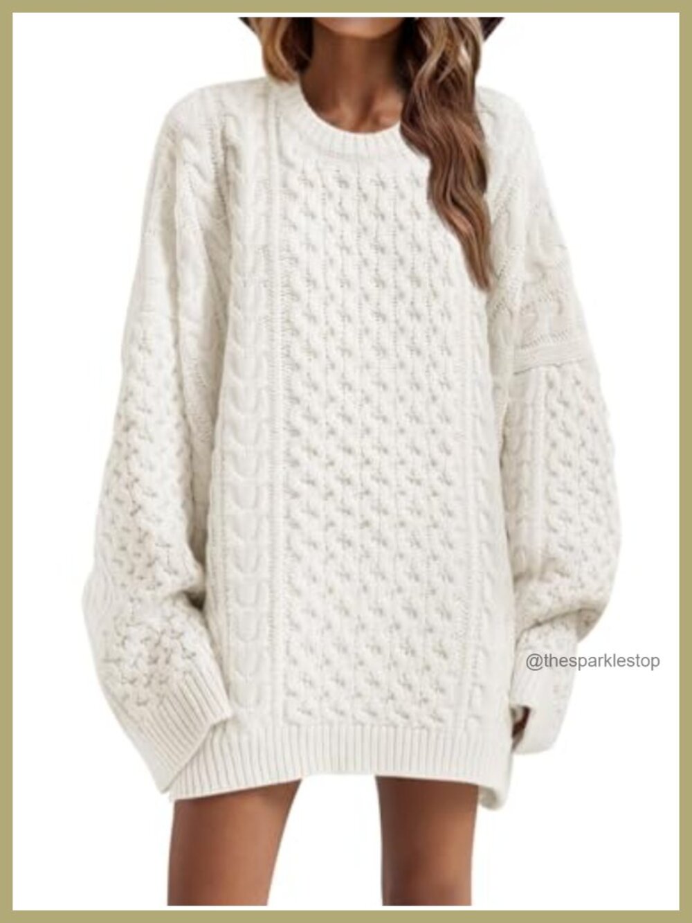 Oversized Chunky Cable Knit Tunic Sweater Crewneck Long Sleeve Slouchy